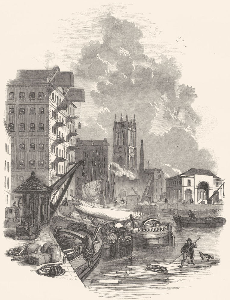 YORKSHIRE. Leeds. River Wharfs, and St Peter's Church 1850 old antique print